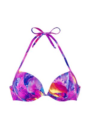 Bright pink and purple halter bikini top with a mixed floral and abstract pattern and tie closure at the neck.