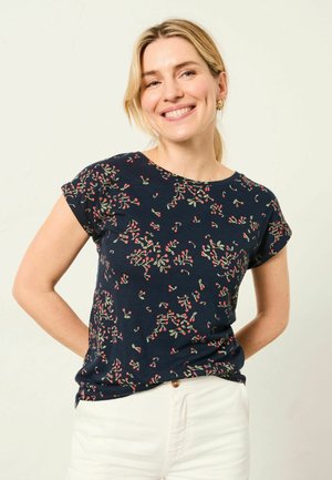 Marineblaues T-Shirt mit kurzen Ärmeln und einem Blumenmuster in Rot und Grün. Weicher Stoff mit lockerem Schnitt und rundem Ausschnitt.