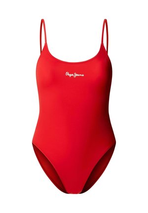 Roter Einteiler mit dünnen Schulterriemen und weißem "Pepe Jeans"-Logo mittig auf der Brust.