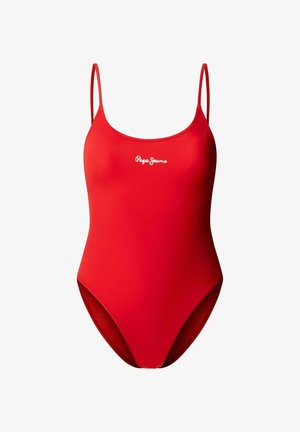 Roter Einteiler mit dünnen Schulterriemen und weißem "Pepe Jeans"-Logo mittig auf der Brust.