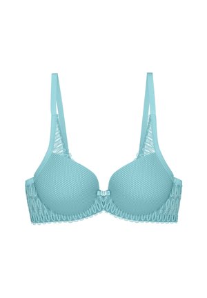 Turkusowy biustonosz z wyściełanymi miseczkami, siateczkowymi detalami, koronkowym wykończeniem, regulowanymi ramiączkami oraz zapięciem na haftkę na środku przodu.