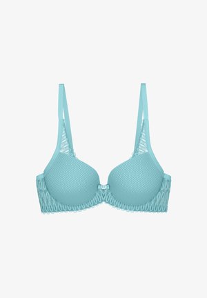 Turkusowy biustonosz z wyściełanymi miseczkami, siateczkowymi detalami, koronkowym wykończeniem, regulowanymi ramiączkami oraz zapięciem na haftkę na środku przodu.