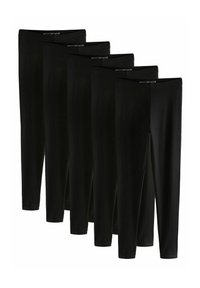 Fem par sorte leggings i fuld længde lavet af glat, elastisk stof med elastik i taljen og et enkelt, sømløst design.