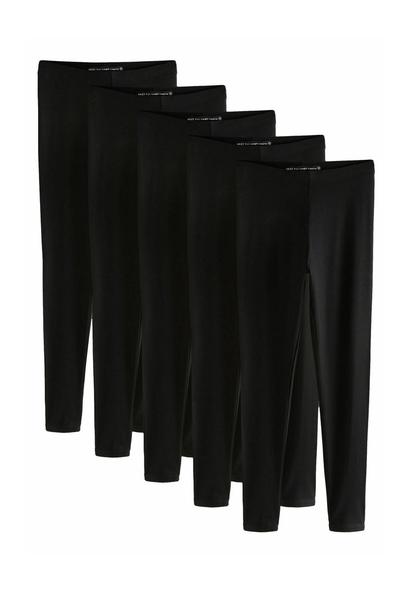 Fem par sorte leggings i fuld længde lavet af glat, elastisk stof med elastik i taljen og et enkelt, sømløst design.