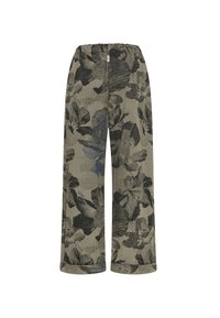 Luźne beżowe spodnie z czarnym i ciemnoszarym kwiatowym nadrukiem oraz elastycznym paskiem w talii.