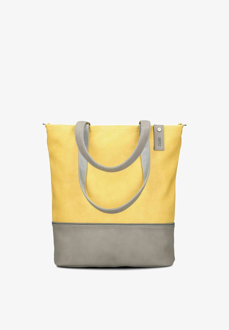 Borsa a tracolla gialla e grigia con doppi manici grigi e una piccola etichetta grigia sul lato superiore destro su sfondo bianco.