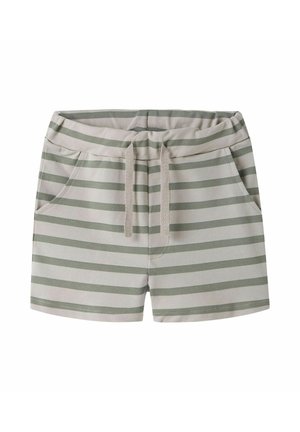 Beżowe i jasnozielone spodenki w poziome paski z elastycznym paskiem w talii, sznurkiem do wiązania i bocznymi kieszeniami.