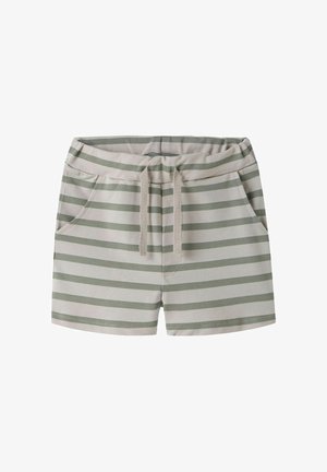 Beige en lichtgroene korte broek met horizontale strepen, een elastische tailleband, een trekkoord en zijzakken.