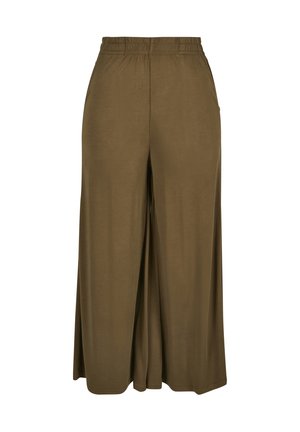 Bukser med vidde ben i olivengrøn med elastisk talje og sidelommer, lavet af glat, let stof.