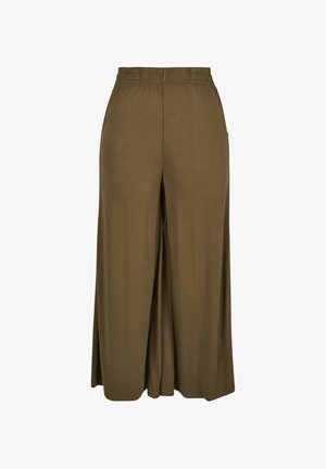 Bukser med vidde ben i olivengrøn med elastisk talje og sidelommer, lavet af glat, let stof.