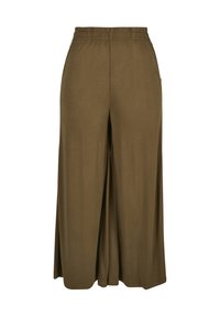 Pantalon large vert olive avec taille élastique et poches latérales, fabriqué en tissu lisse et léger.