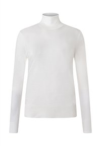 Weißer Rollkragenpullover, langärmlig, glatte Stoffstruktur, tailliertes Design, gerippte Bündchen und Saum, minimalistischer Stil ohne Muster oder Verzierungen.