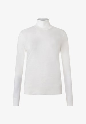 Weißer Rollkragenpullover, langärmlig, glatte Stoffstruktur, tailliertes Design, gerippte Bündchen und Saum, minimalistischer Stil ohne Muster oder Verzierungen.