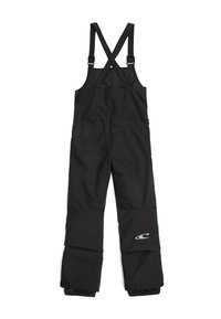 Schwarze isolierte Latzhosen mit verstellbaren Trägern, elastischen Bündchen und Logoakzent am Unterschenkel. Glattes, strapazierfähiges Gewebe überall.