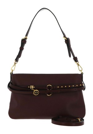 Dark brown leather shoulder bag with gold-tone buckle, studs, detachable adjustable strap, and slim handle.