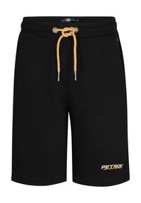 Shorts de sport noirs avec un cordon de serrage jaune, éléments en métal argenté et logo doré imprimé en bas à droite. Tissu doux, design décontracté.