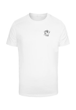 Witte katoenen t-shirt met een kleine zwarte cartoonfiguurafbeelding op de linkerkant van de borst. Korte mouwen met een klassieke ronde hals.