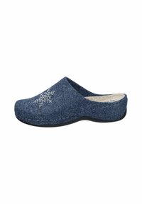 Felt clogs in dark blue with a rounded toe, featuring a silver star pattern and a black rubber sole. Soft texture throughout.