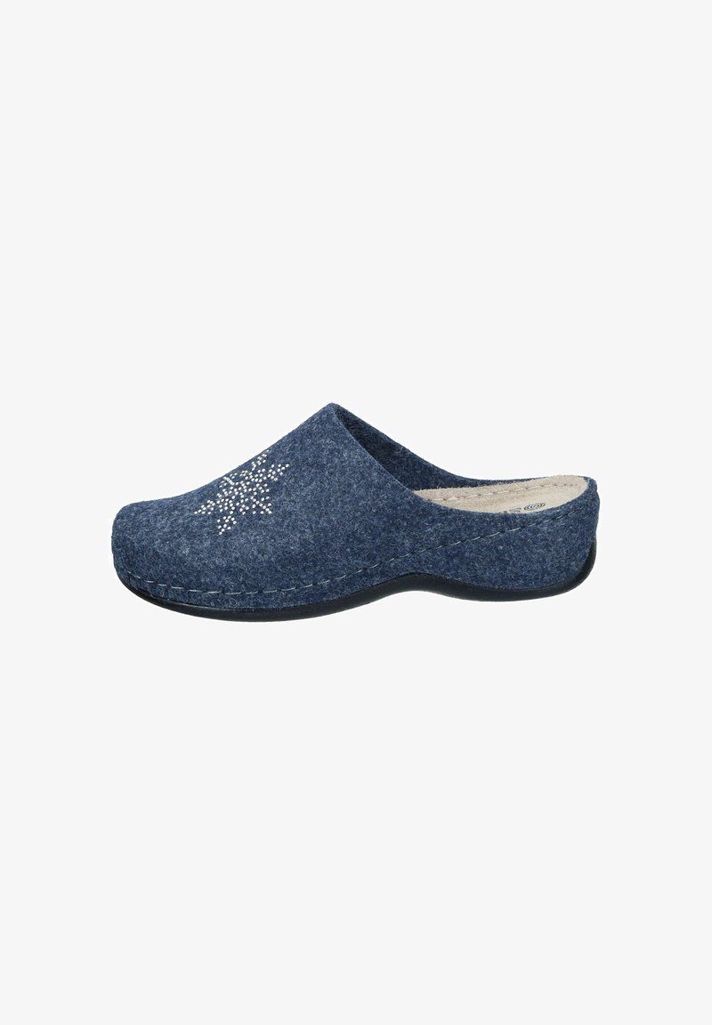 Felt clogs in dark blue with a rounded toe, featuring a silver star pattern and a black rubber sole. Soft texture throughout.
