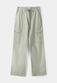 Hellgrüne Cargohosen mit elastischem Bund und Kordelzug, zwei Seitentaschen und zwei großen Seitentaschen mit Knopfverschluss.