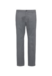 Grijze katoenen chino's met een recht model, voorzien van een knoopsluiting, zijzakken en een subtiel gestructureerd patroon.