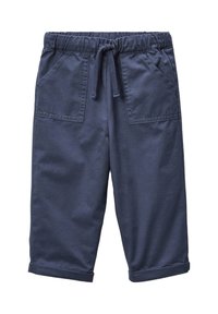 Shorts en coton bleu foncé avec une taille élastique, un cordon de serrage et deux poches avant. Présente un ourlet roulé aux jambes pour un ajustement décontracté.