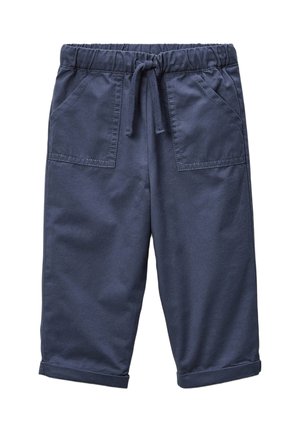 Shorts en coton bleu foncé avec une taille élastique, un cordon de serrage et deux poches avant. Présente un ourlet roulé aux jambes pour un ajustement décontracté.