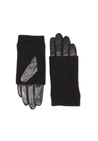 Gants noirs avec un design en tricot côtelé et des accents en cuir sur les doigts et la paume pour une meilleure prise. Fini doux et texturé.