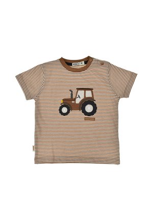Brown and white striped toddler shirt with a brown tractor patch and snap buttons on the shoulder for easy dressing.