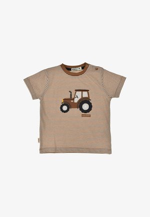 Brown and white striped toddler shirt with a brown tractor patch and snap buttons on the shoulder for easy dressing.