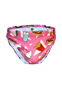 Costume da bagno corto in tessuto rosa con illustrazioni di cibo come hamburger, patatine, gelato e bevande, dalla texture liscia e cintura elastica.