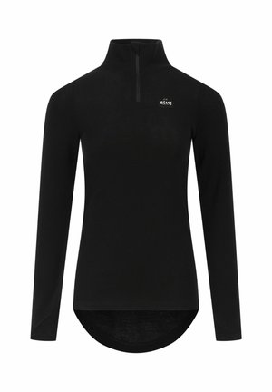 Schwarzer Pullover mit langen Ärmeln, Viertelreißverschluss, hohem Kragen, abgerundetem Saum und kleinem weißen Logo auf der linken Brust.