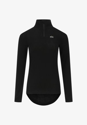Black long-sleeve pullover with quarter zip, high collar, rounded hem, and small white logo on left chest.