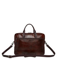 Brown leather briefcase with dual top handles, a detachable strap, and front zip pocket. Smooth texture and minimalistic design.