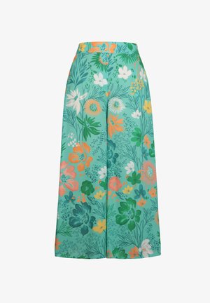 Bloemrijke wijde broek in een licht teal stof, met een levendige print van oranje, roze, witte en groene bloemen met bladvormen.