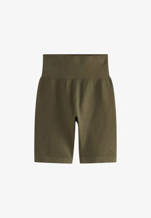 Olijfgroene geribbelde shorts met een brede, elastische tailleband. De stof heeft een textuur met verticale ribbels. De zoom is afgewerkt met een zachte rand.
