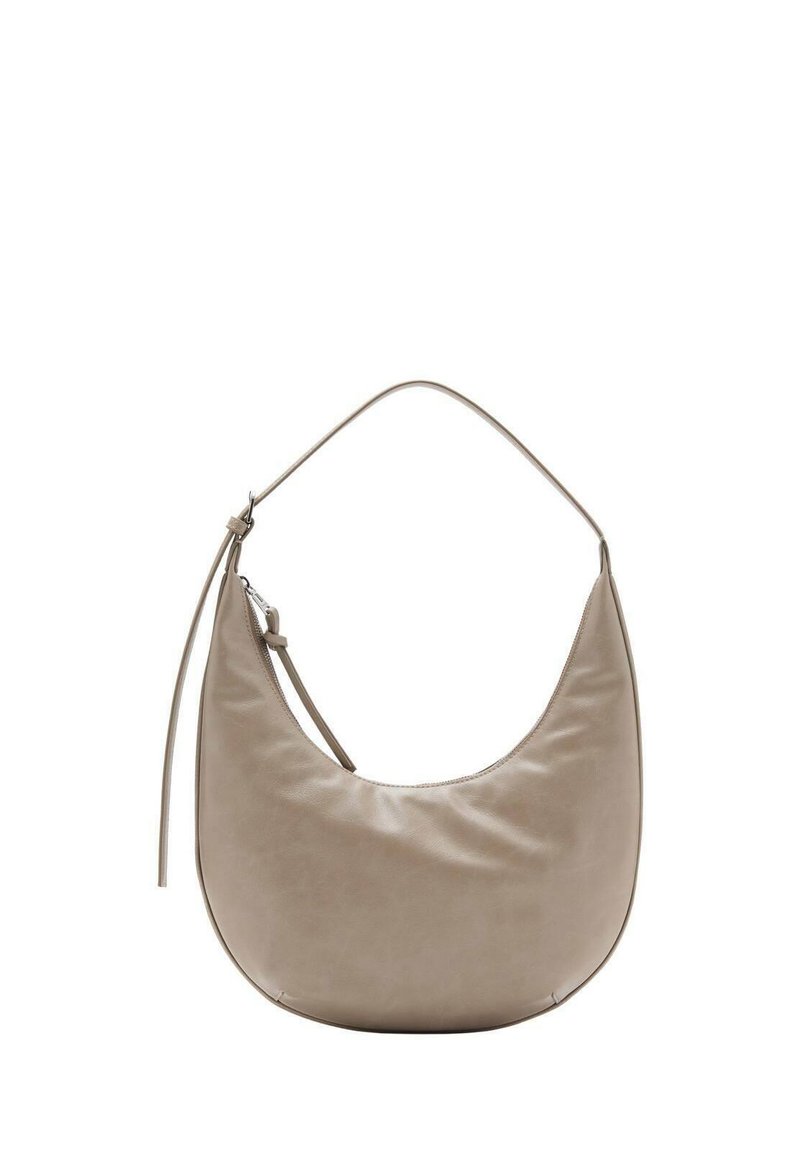 Borsa hobo in pelle marrone chiaro con una silhouette curva, una tracolla unica e una superficie liscia. Presenta un design minimalista e cuciture sottili.