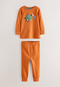 Pyjama orange pour tout-petit avec manches longues et pantalon, avec une pelleteuse verte et le texte "time to dig" sur le haut.