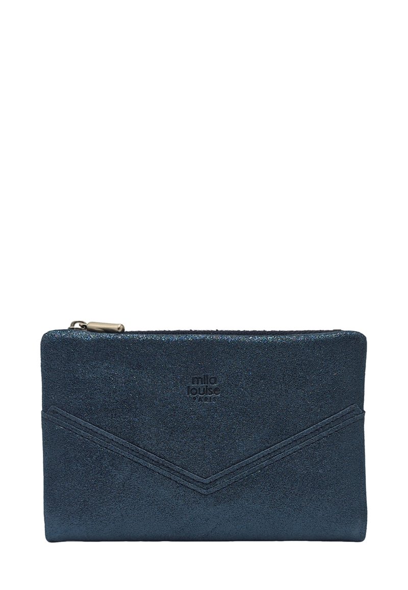 Pochette zippée bleu foncé en matériau texturé, avec un design en chevrons et le logo de la marque embossé sur le devant.