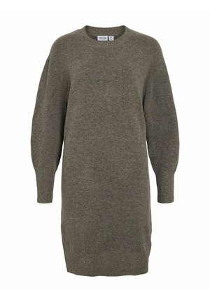 Olijfgroen gebreid sweaterjurk met een ronde hals, verlengde schouders en lange mouwen. Voorzien van een geribbelde zoom en een gestructureerde stof.