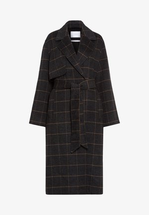 Dark gray long wool coat with brown check pattern, wide lapels, belted waist, and single shoulder cape detail.