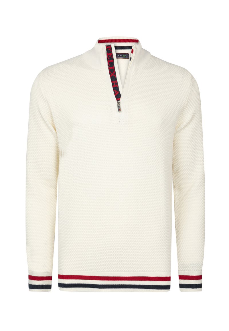 Weißer Zip-Hoodie mit strukturiertem Muster, kontrastierenden rot und navy gestreiften Bündchen und Kragen. Mit einem markierten Zipper-Zug.