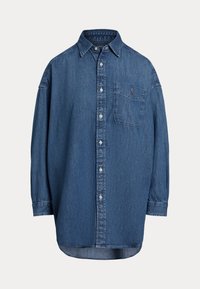 Jeanshemd, hellblau, lange Ärmel, Knopfverschluss vorne, eine Brusttasche, klassischer Kragen, weiche Textur, leicht abgerundeter Saum.