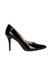 Escarpin noir en cuir verni avec un bout pointu et un talon stiletto fin. Surface lisse et design minimaliste.