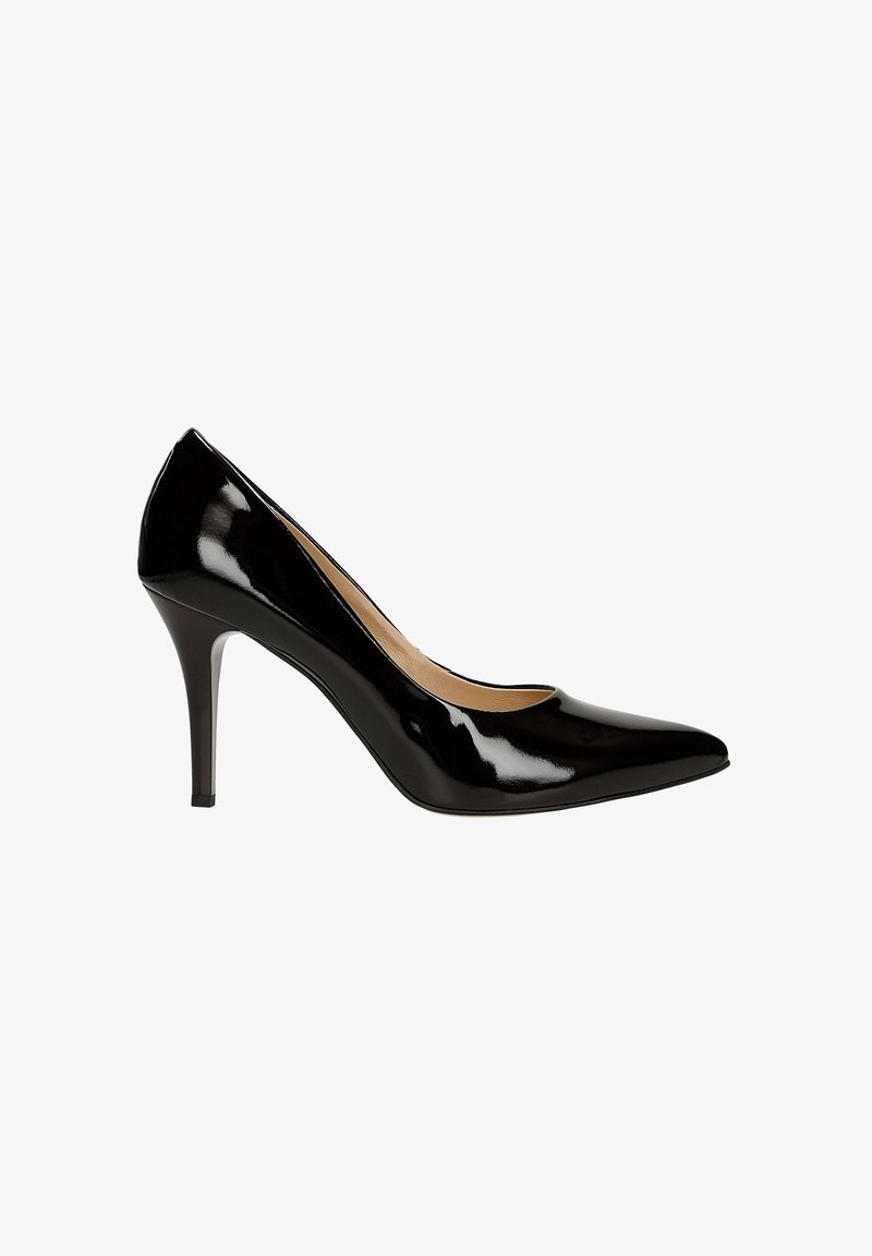 Escarpin noir en cuir verni avec un bout pointu et un talon stiletto fin. Surface lisse et design minimaliste.