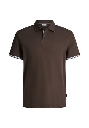 Dunkelbraunes Poloshirt mit kurzen Ärmeln, zweiknöpfigem Verschluss, strukturiertem Stoff, gestreiftem Besatz an den Ärmeln und dezentem Logo auf der linken Brust.