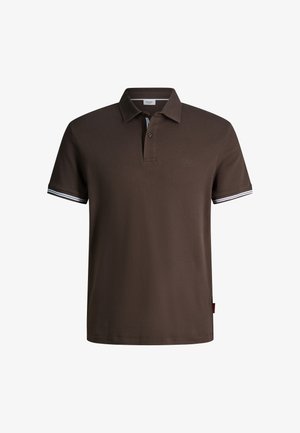 Dunkelbraunes Poloshirt mit kurzen Ärmeln, zweiknöpfigem Verschluss, strukturiertem Stoff, gestreiftem Besatz an den Ärmeln und dezentem Logo auf der linken Brust.
