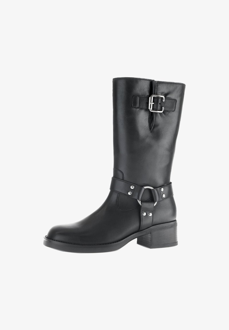 Black leather mid-calf boots featuring a side buckle and strap detail, rounded toe, and a low block heel. Smooth texture throughout.