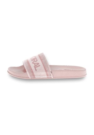 Infradito rosa con suola in gomma testurizzata, dotate di una fascia larga con il testo "CORAL" e strisce orizzontali; finitura superficiale liscia.