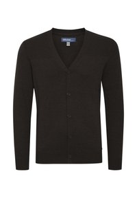 Mørkebrunt cardigan laget av strikket stoff. V-halsdesign med ribbestrikkede detaljer på skuldrene. Har seks svarte knapper og en vanlig passform.